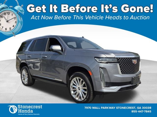 2021 Cadillac Escalade Premium Luxury in Satin Steel Metallic — front three-quarter view
