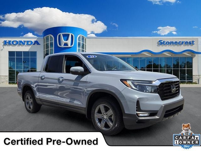 2023 Honda Ridgeline RTL-E in Sonic Gray Pearl — front three-quarter view
