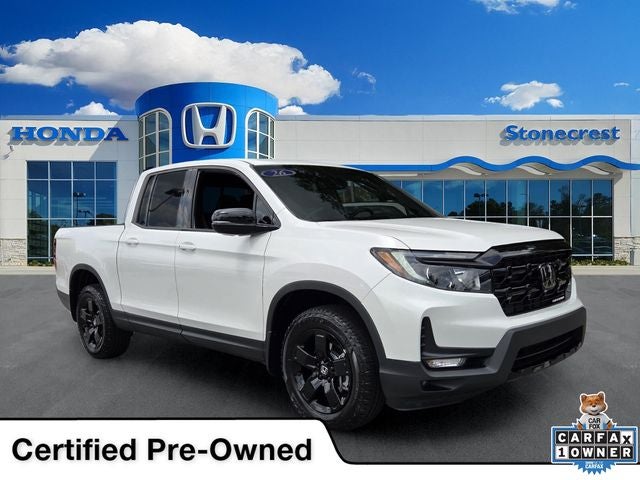 2026 Honda Ridgeline Black Edition in Platinum White Pearl — front three-quarter view